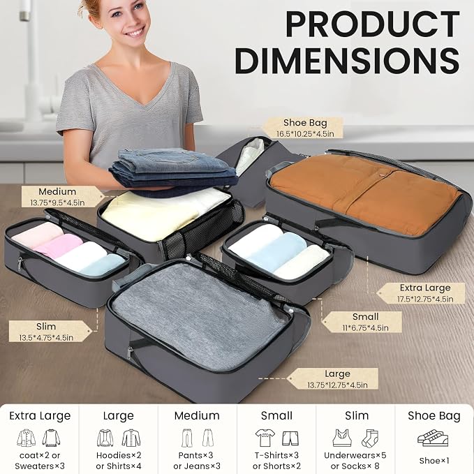 BAGAIL 4 Set/6 Set/8 Set Compression Packing Cubes Travel Accessories Expandable Packing Organizers (Half Mesh, 6-Dark Grey) - Image 2