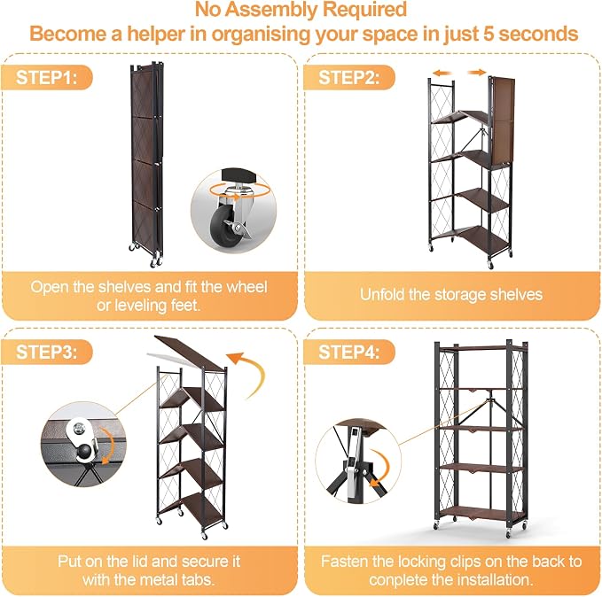 5-Tier Foldable Storage Shelves with Wheels,Folding Bookshelf no Assembly | Folding Metal Shelf Unit, Collapsible Shelves for Craft Shows for Kitchen, Bedroom, Living Room, Rustic Brown - Image 9