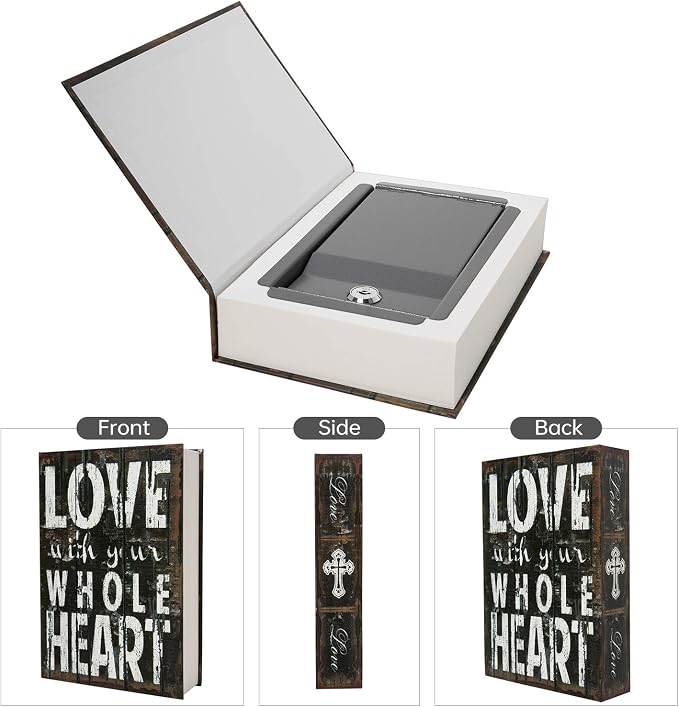 Real Paper Transfer Book Safe, Hollow with Secret Hidden Compartment, Key Lock, 8.7"×6"×2" (LOVE-Key) - Image 3