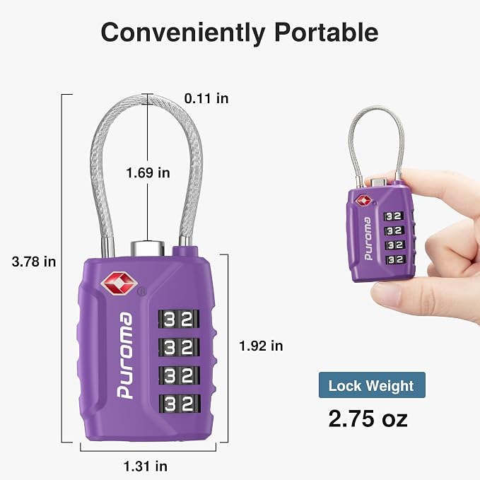 Puroma 2 TSA Approved Luggage Locks 4 Digit Code Cable Lock Purple Dark | Resettable, Flexible Cable, Zipper holes, Zinc Alloy, Bright Color, Large White Numbers, Suitcase Train Travel, laptop bag - Image 3
