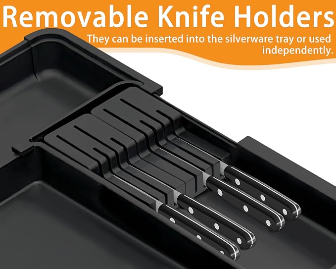 Large Utensil Drawer Organizer for Kitchen, Expandable Silverware Organizer Utensil Holder, Cutlery and Flatware Cooking Tray, Kitchen Drawer Organizers and Storage with Removable Knife Block, Black - Image 4
