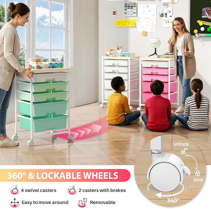 Goovilla Rolling Cart with 5 Drawers for Craft, Art, Dorm, Office, White | Utility Cart Organizer With 5 Removable Drawers and Wooden Tabletop, Lockable Rolling Storage Organizer for Classroom, Home - Image 5