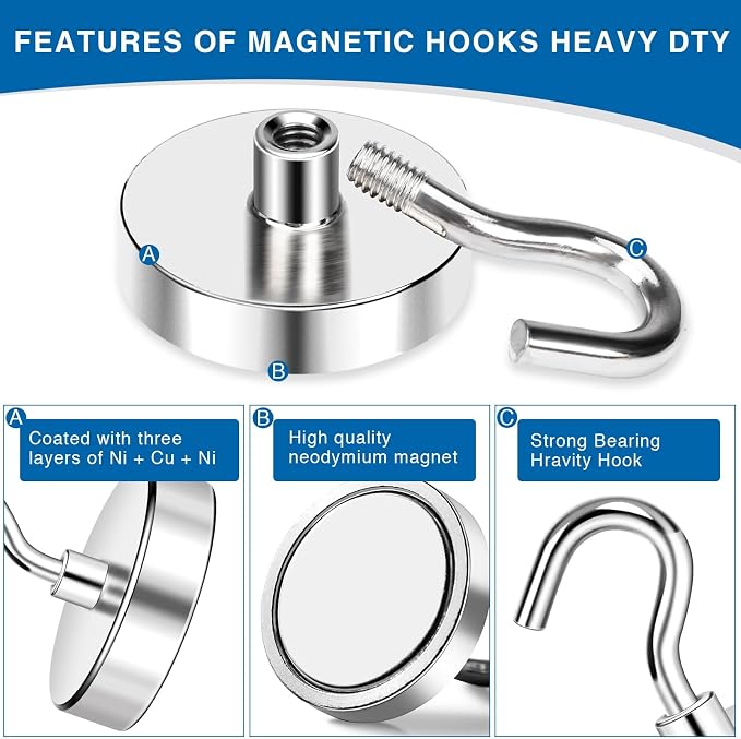 LOVIMAG Magnetic Hooks for Cruise Cabins, 170LBS, 12Pack | Heavy Duty Neodymium Magnet with Hook Essentials for Classroom, Fridge, Ceiling, Hanger, Silver - Image 4