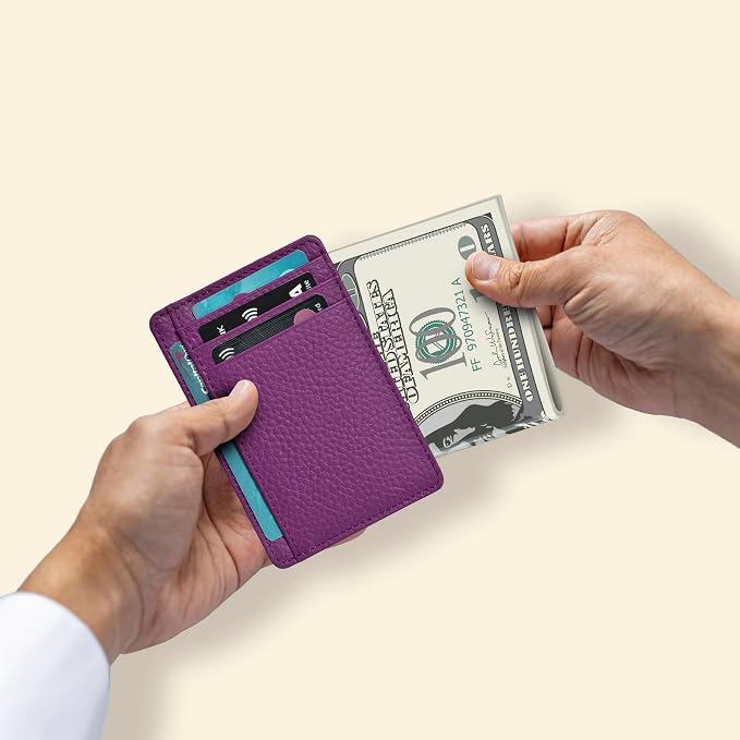 Slim Minimalist RFID Leather Front Pocket Card Holder Wallet, Fuchsia - Image 4