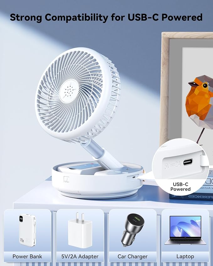 Portable Oscillating Travel Fan, 10400mAh Rechargeable Battery with Remote | Foldable, Floor Table Desk Fan ,8H Timer, 4 Speed Settings Pedestal Fan for Home Bedroom Sleeping Camping Cruise, White 8" - Image 7