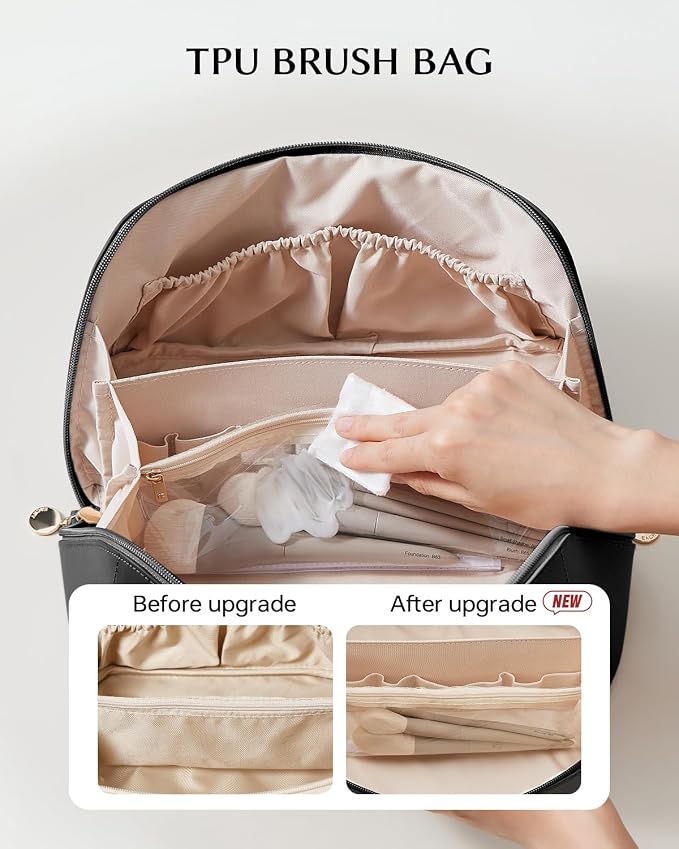 EACHY Travel Makeup Bag for Women, PU Leather Cosmetic Bag, Black, Large | Water-resistant PU leather exterior with flat-open access, clear TPU brush compartment and organized storage for cosmetics - Image 3