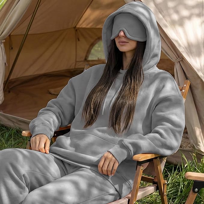 Ainangua Womens Oversized Pullover Essentials Hoodie with Eye Mask Comfor Airplane Mode Travel Office Vacation Sweatshirt (Gray,L) - Image 6