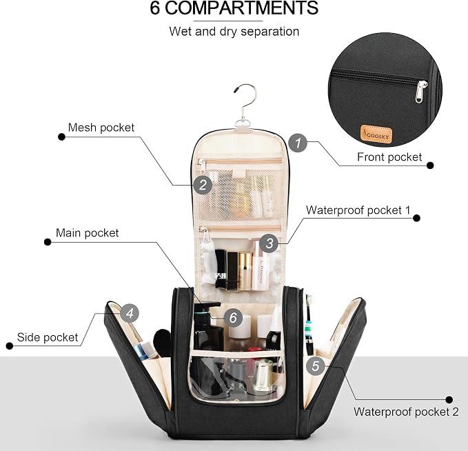 Hanging Travel Toiletry Bag for Women and Men, 6 Organizer Compartments, Large Toiletries essentials, Bathroom Cosmetic Accessories, Water-resistant Makeup Bag, Holds Full-Size Shampoo, Black - Image 3