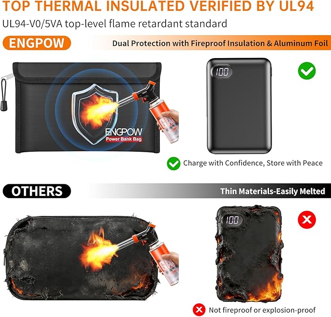 ENGPOW Fireproof Organizer Travel Safe Bag, Portable Electronic Carry Case | Heat Insulated＆Explosion-Proof, Home Travel Storage for Power Bank,Phone,Cables,USB Drive, Charging Protection, 10.6''x6.7'' - Image 3