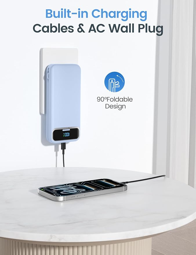 aonidi Portable Charger 12000mAh with Built-in Cables&AC Wall Plug, Blue | PD20W USB C Fast Charging,LED Display External Travel Power Bank,TSA approved Battery Pack for All iPhone,Samsung,Android - Image 4
