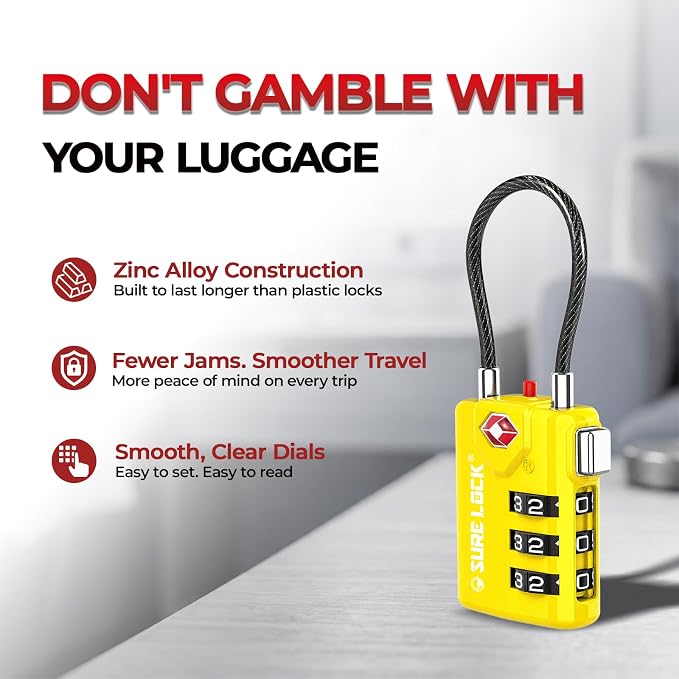 SURE LOCK TSA Approved Luggage Locks with Open Alert Indicator, 3 Digit Combination Cable Travel Lock for Suitcase, Backpack, Gym Locker, Toolbox & Travel Bag(2, Yellow) - Image 5