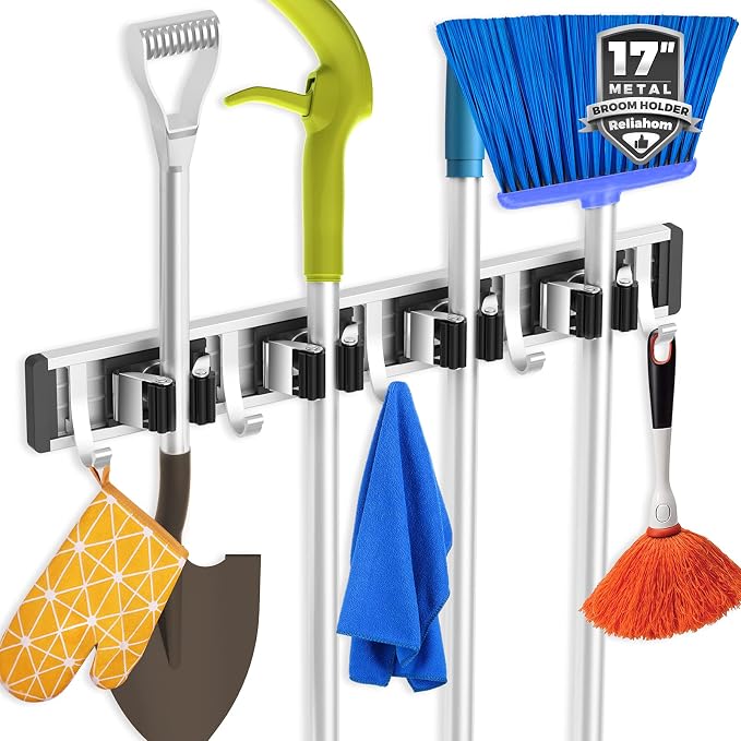 reliahom Broom Holder Wall Mount Mop Hanger Tools organizer 4Racks 5Hooks | Adjustable Mop Broom Wall Hanging Heavy duty Tools Storage Rack Space-saving for Garage,Kitchen,Laundry Room,Garden, Black by reliahom