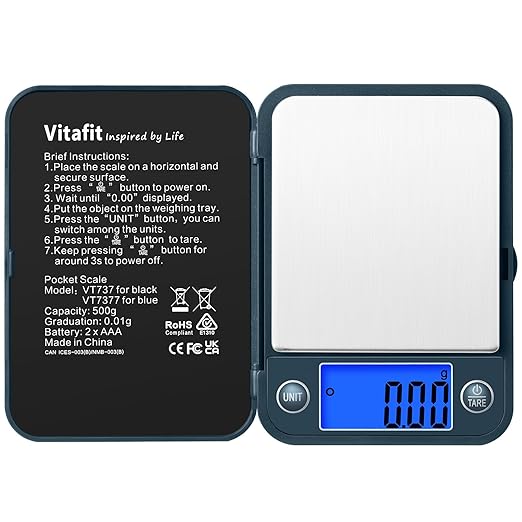 Vitafit 500g Digital Pocket Scale,High Accuracy Assured by Scale Professional Factory Since 2001, Gram Scale 0.01g for Multifunction: Lab,Food, Kitchen,Coffee,Jewelry; Blue by Vitafit