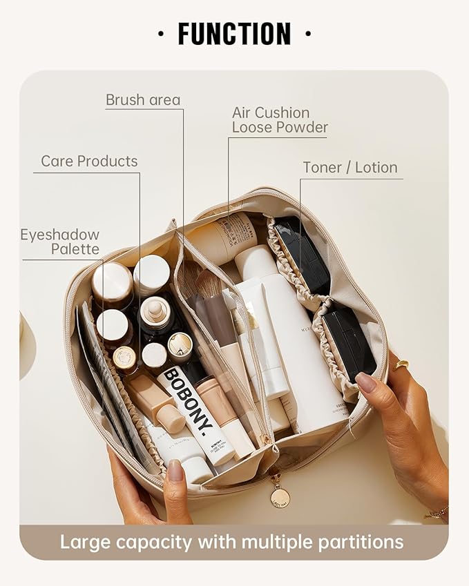 EACHY Travel Makeup Bag for Women, PU Leather Cosmetic Bag, White, Medium | Water-resistant PU leather exterior with flat-open access, clear TPU brush compartment and organized storage for cosmetics - Image 2