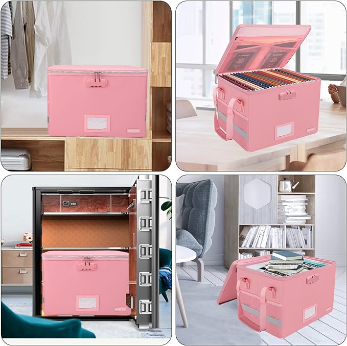 ENGPOW File Box with Lock, Fireproof Document Box with Zipper＆Pockets, Collapsible File Organizer Filing Storage Cabinet with Handle, Portable Home Office Safe for Hanging Letter/Legal Folder, Pink - Image 2