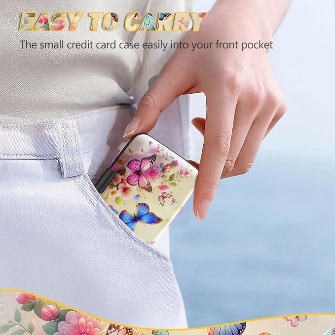 Credit Card Holder, Colorful Butterfly Mini RFID Small Aluminum Card Wallet | Blocking Slim Metal Business Card Case, RFID Blocking Front Pocket Wallet Hard Case Durable CC Holder for Women Girl - Image 6