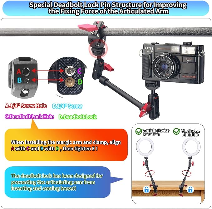 13"/34cm Magic Arm w Clamp, Camera Mount & Clamp w 1/4" 3/8" Threads and Articulating Friction Magic Arm, Overhead Phone Mount, Camera Boom Arm Mount for Light Webcam Mic Action Camera Monitor - Image 2