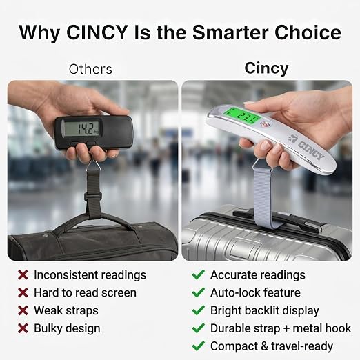 CINCY Digital Luggage Scale 110lb/50kg – High-Accuracy Travel Luggage Weight Scale with Backlit LCD, Auto-Lock, 4 Units & Durable Strap – Portable Suitcase Scale for Travel & Baggage Fee Prevention - Image 6