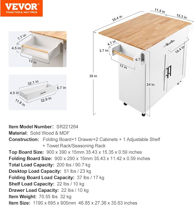 VEVOR Kitchen Island Cart with Solid Wood Top, 35.4" Width Mobile Carts with Storage Cabinet, Rolling Kitchen Table with Spice Rack, Towel Rack, Drop Leaf and Drawer, Portable Islands on Wheels, White | For Home Cooking, Space Saving Drop Leaf For Extr... - Image 7