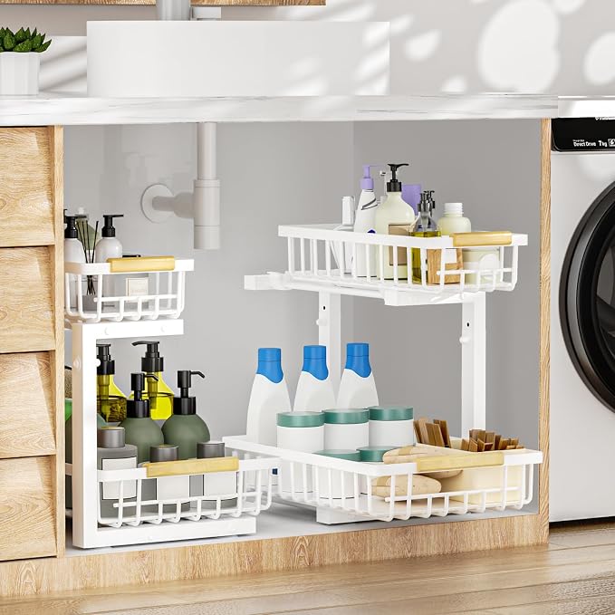 2Pcs Under Sink Organizer, Adjustable Under Sink Organizers and Storage, 2-Tier Pull Out Under Kitchen Sink Organizer, Sliding Out Metal Under Bathroom Sink Organizer for Kitchen Pantry White - Image 6
