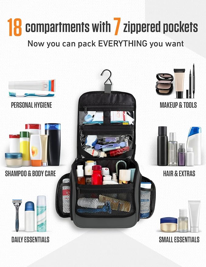 VENTURE 4TH Hanging Travel Toiletry Bag, 18 Compartments - Gray | Hangs on rails, hooks or doors; stands upright. Removable TSA pouch. Water-resistant Nylon 290D Twill, reinforced stitching. - Image 3