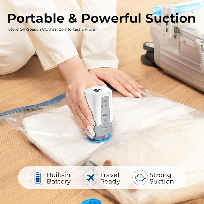 ETENWOLF 10 Large Vacuum Storage Bags for Travel with Wireless Pump | Vacuum Seal Bags for Clothing Travel, Compression Packing Bags for Clothes and Blankets, Space Saver Bags in Carry-On Sizes - Image 5