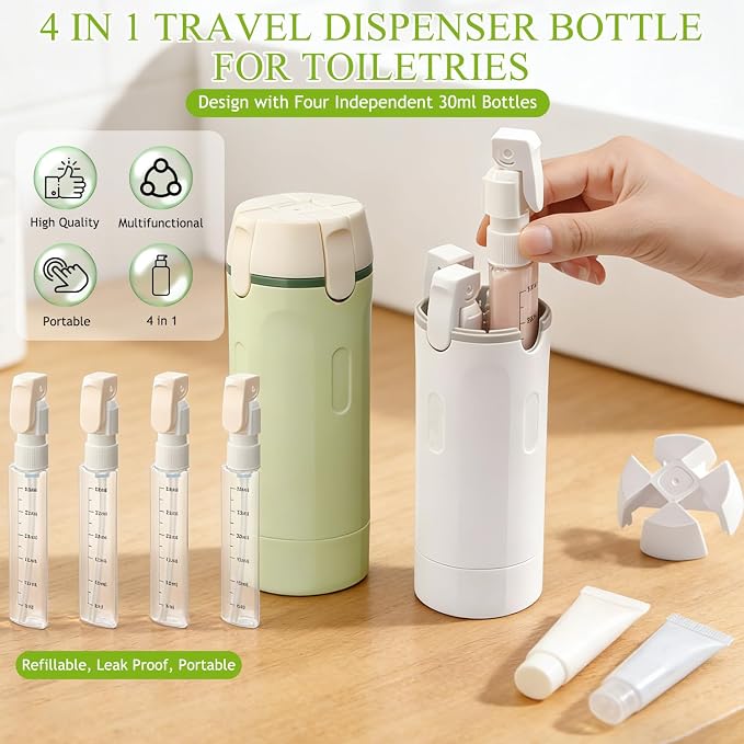 4 in 1 Travel Dispenser Bottle, 4 Pack 30ML Travel Bottles for Toiletries | Refillable, Leak Proof, Portable, for Travel, Camping, Business Trip, for Face Wash, Body Wash, Lotion, Toner (White) - Image 2