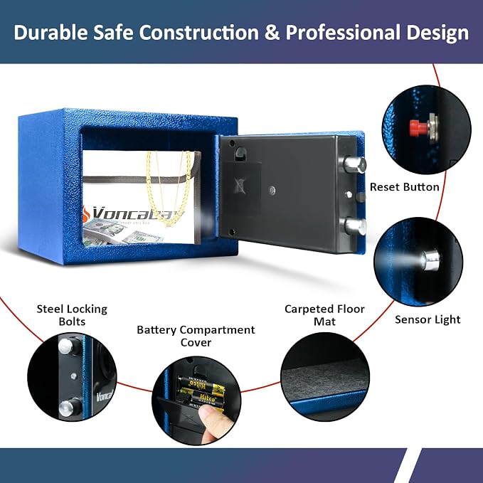 Voncabay Money Safe Box for Home with Digital Keypad, 0.23 Cu. Ft., Blue | Alloy Steel, Sensor Light, Fireproof Bag Included, 2 Override Keys, 4 Mounting Screws, Carpeted Mat, 9 x 6.6 x 6.5 In. - Image 6