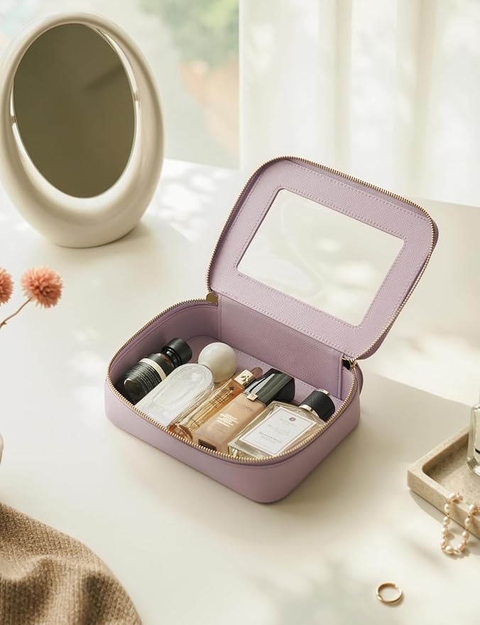 Clear Toiletry Bag 2 Pack, Travel Makeup Bag Medium & Large Purple | Structured Clear Cosmetic Case with Zipper, Car Essential Organizer Bag for Women, Waterproof PU Leather, Wide Open Portable - Image 6