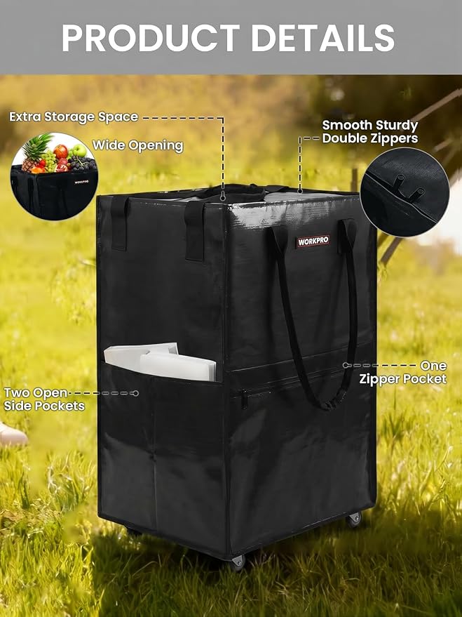 WORKPRO Large Rolling Grocery Bag, 36-Gallon Rolling Tote with 5 Wheels | Reusable Grocery Bag on Wheels, Holds Up to 110 lbs, Heavy Duty Rolling Tote for Groceries, Laundry, Moving & Storage - Image 6