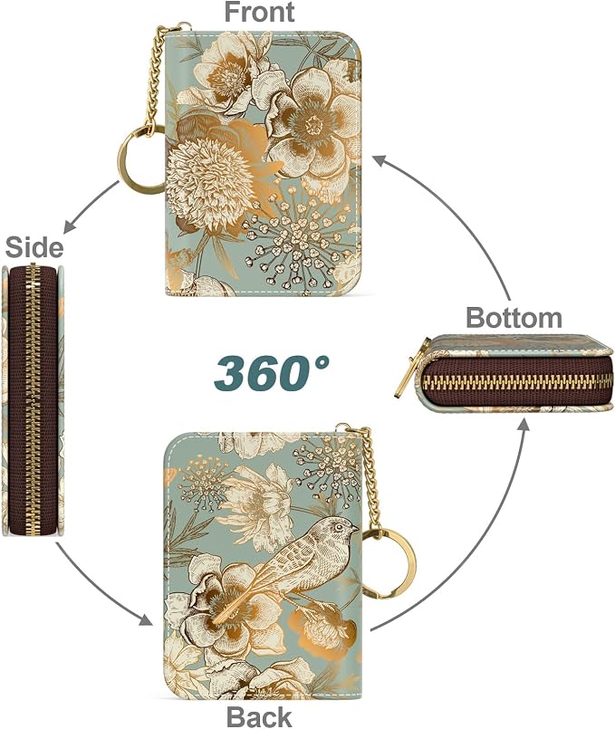 Nipichsha Women's Small RFID Blocking Credit Card Wallet, Blooming Flowers, Leather, Slim and Compact, 4.33 x 3.15 in | Leather Card Holder Wallet, Credit Card Wallet Organizer, Business Card Case with Zipper & Keychain, 12-Slot Compartment - Image 2