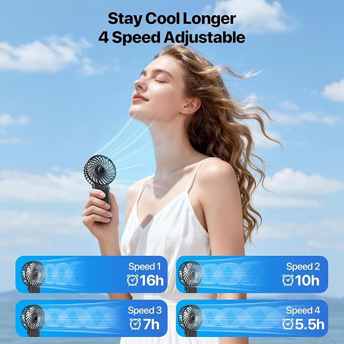 Portable Handheld Fan with Neck Lanyard, Black | 180° Foldable, 4 Wind Speeds, 16 Hours Battery Life, Low Noise, USB-C Rechargeable, Weighs only 106g, Removable Mesh Cover - Image 2