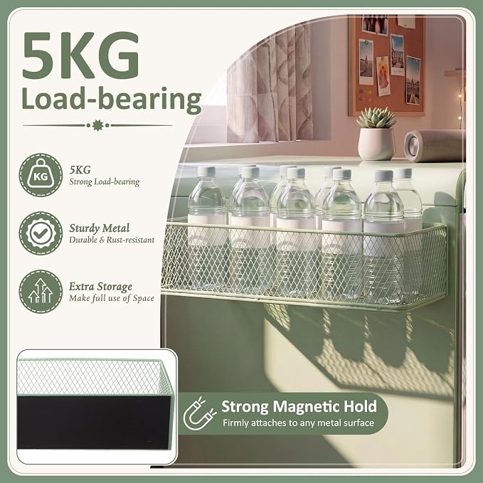 FoldTier 2 Pack Sage Green Magnetic Basket Dorm Mini Fridge Shelf Organizer Kitchen Storage Bin Container Spice Holder for Locker Refrigerator Pantry Dorm Essentials (13.8 x 3.1 x 4.9 Inch) - Image 4