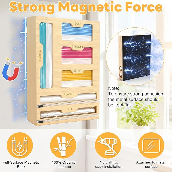 Magnetic Storage Bag Organizer 6 In 1 Food Bag Organizer for Fridge and Drawer, Foil and Plastic Wrap Organizers with Cutter, Food Storage Bags Organizers for Gallon Quart Sandwich Snack - Image 2