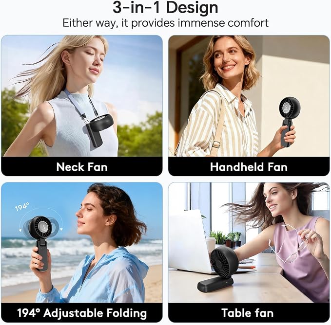 ZOZOO Portable Fan, USB Rechargeable 194°Folding Handheld Fan,5 Speed&LED Display &High Power Motor Table Fan, 3 IN 1 Quiet Strong personal Neck fans for Travel,Camping,Beach (Black) - Image 5