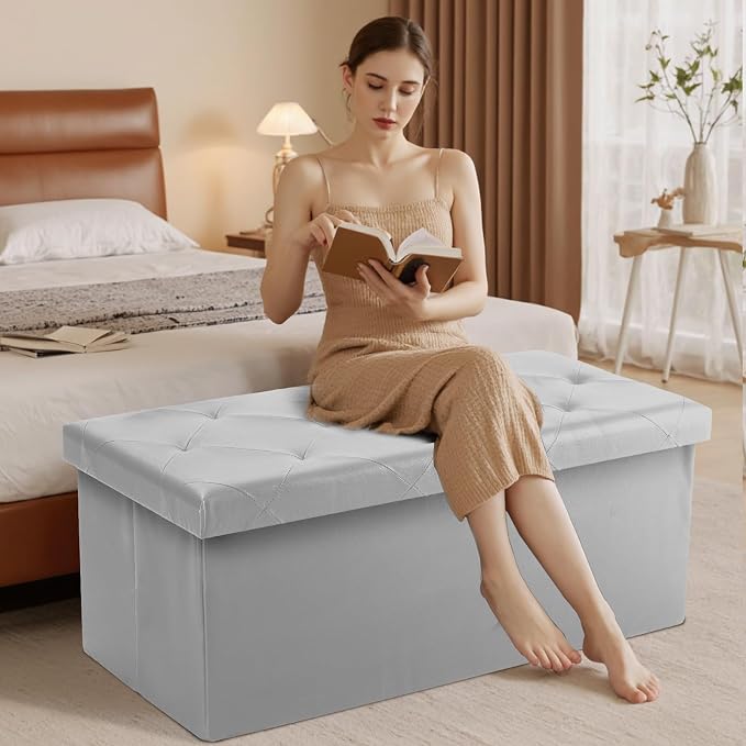 DUMOS 43 Inch Folding Storage Ottoman Bench, Large Ottoman with Storage | Storage Chest with Padded Seat, End of Bed Foot Rest Stool for Bedroom Living Room, Load 660 lbs, Synthetic Leather, Grey - Image 8