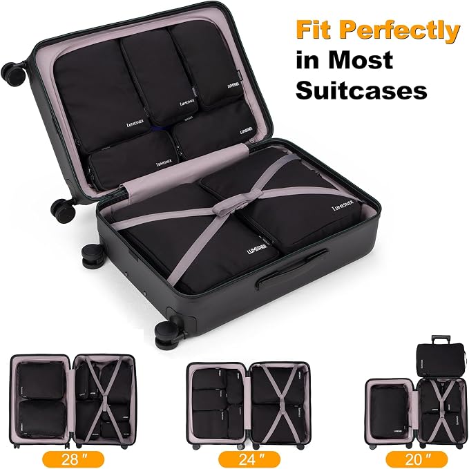 Compression Packing Cubes, Lumesner 8 Set Travel Packing Cubes for Carry on Suitcases, Compression Suitcase Organizers Bag Set & Travel Cubes (8-piece, Black) - Image 3