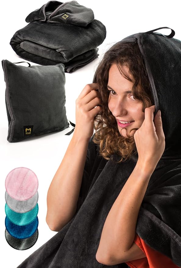 Travel Blanket Airplane Compact with Hoodie – 2in1 Airplane Travel Accessories from Plane Blanket to Travel Pillow with Luggage Strap, Soft Handle & Secure Pocket | 300 GSM fleece airplane blanket; attached hoodie doubles as its storage case | 62 x 41 ... by MasterManner