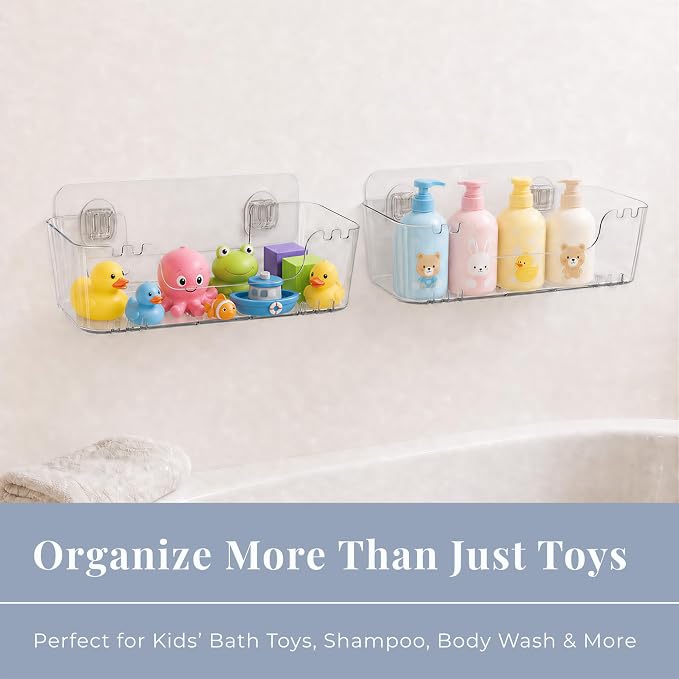 Bathtub Toy Storage, 2 Pack Clear, No-Drill Clear Bath Toy Holder | 4 Adhesive Backplates Included, BPA-Free PET, Fast-Drain Design, Wall-Mounted Detachable, 12 lbs Load Capacity Each - Image 3