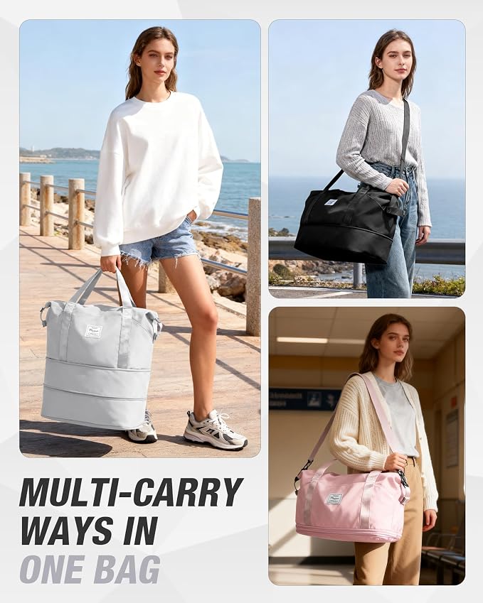 Expandable Travel Duffle Bag for Women Men, Large Gym Bag Travel Tote Bags, Waterproof Carry On Personal Item Bag Airline Approved, Overnight Workout Weekender Bag with Luggage Sleeve, Light Grey | Waterproof Carry On Personal Item Duffel Bag 40L Doubl... - Image 2