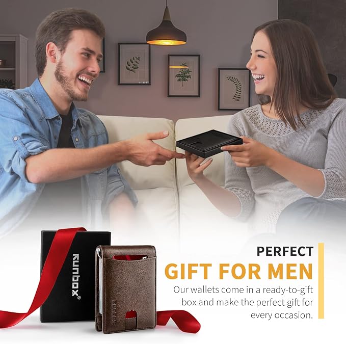 RUNBOX Slim Wallet for Men Genuine Leather RFID Blocking Bifold Minimalist Front Pocket Mens Wallet with Money Clip Thin Gift Box - Image 6