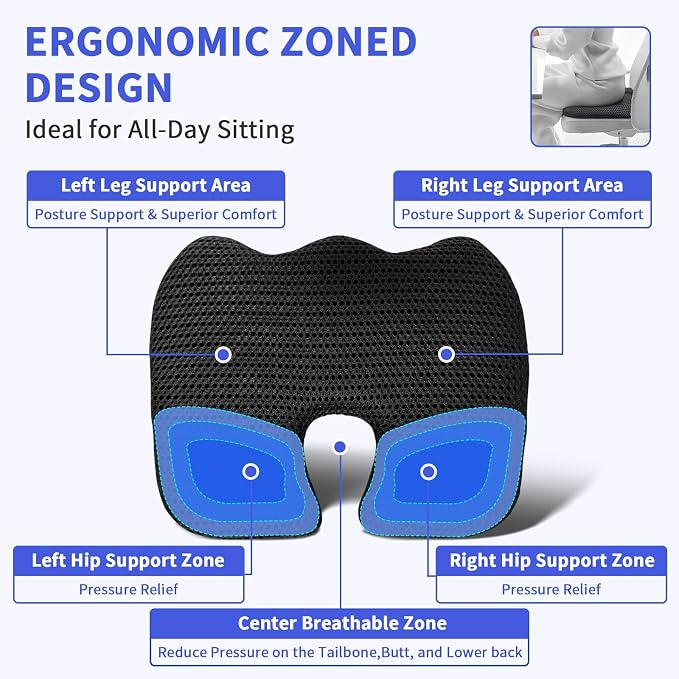 Gooo&Ma Air Fiber Seat Cushion, U-Shape Tailbone Comfort, Black | Thin design for office/car, breathable air fiber cooling, ergonomic, washable, non-slip, portable, 17.7"x13.8"x1.6" - Image 3