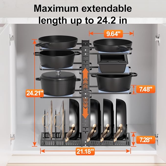 LAMU Pots and Pans Organizer under Cabinet, Adjustable Height Up to 24'', 6 Tier Pot Organizer Rack with 6 Horizontal Dividers, Adjustable Pot and Pan Organizer for Kitchen Storage, Black - Image 3
