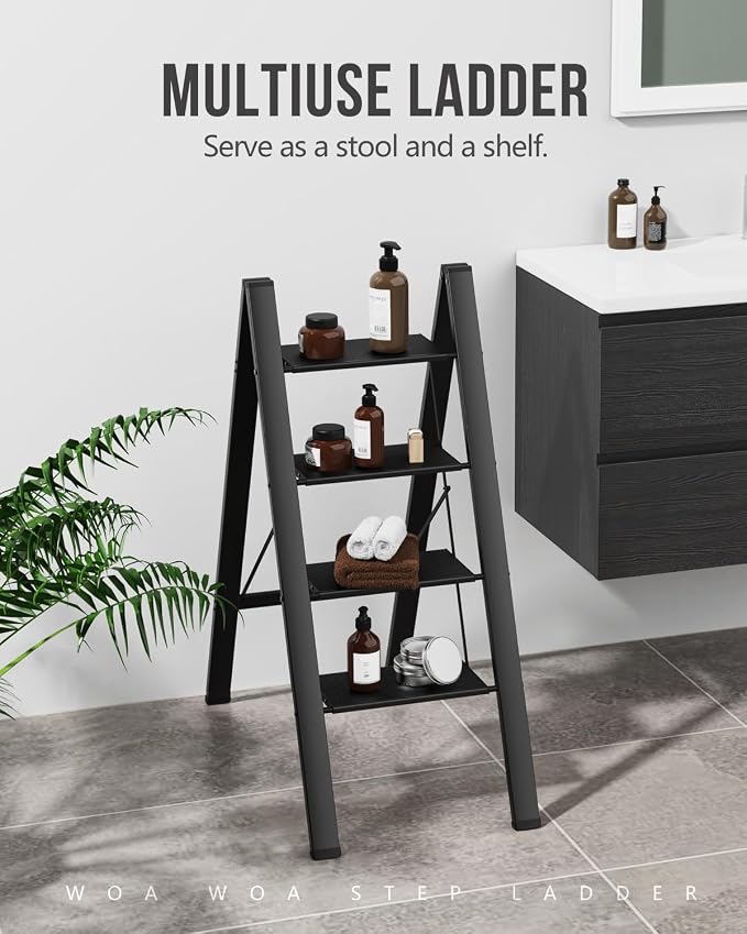 4 Step Ladder, Foldable Step Stool, 300lbs Load, Black | Folded 43''H x 2''T; Net 9.9 lbs; Rigid Aluminum Steps; No Assembly; For Home, Kitchen, Office, Pantry, Closets, Cabinets - Image 7