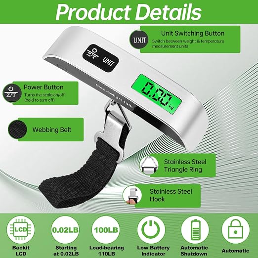 Jeffbaubl 3 Pack Digital Luggage Scale, Luggage Weight Scale, 110LB | Baggage Scale with Backlit LCD Display, Portable Hanging Baggage Scale, Suitcase Weight Scale with Hook for Travel Home - Image 3