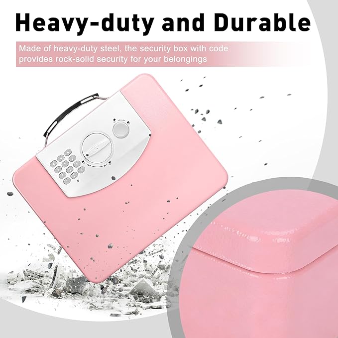 KYODOLED Pink Safe Box with Digital Keypad Lock, Lock Box with Code for Personal Items, Metal Security Box for Cash, Passport, Jewelry, Ideal for Home, Office, Garage Sale, 11.8'' x 9.4'' x 3.5'' - Image 6