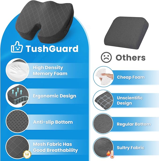 Seat Cushion - Memory Foam Cushion for Office Chair, Car Seat, Airplane, Bleacher - Sciatica & Hip & Coccyx Pain Relief Cushions for Long Sitting Office Workers, Car Drivers (Grey, X-Large) | for Car Seat, Airplane, Desk Chair - Sciatica & Hip & Coccyx... - Image 6