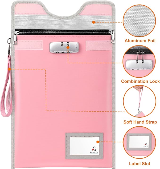 Fireproof Money Bag with Lock (5200℉), 15”x 11”Important Document Organizer Bag, Travel Money Pouch for Valuables,Money,Jewelry,Legal Documents,File and Tablet(Pink) - Image 4