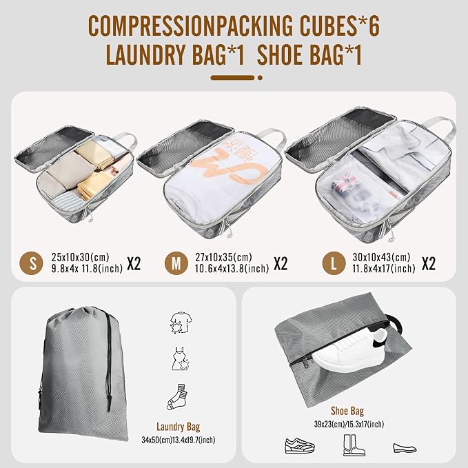 8 Set Compression Packing Cubes for Travel, Expandable Luggage Organizer with Shoe Bag & Laundry Bag - Lightweight Suitcase & Backpack Travel Essentials (Gray) - Image 2