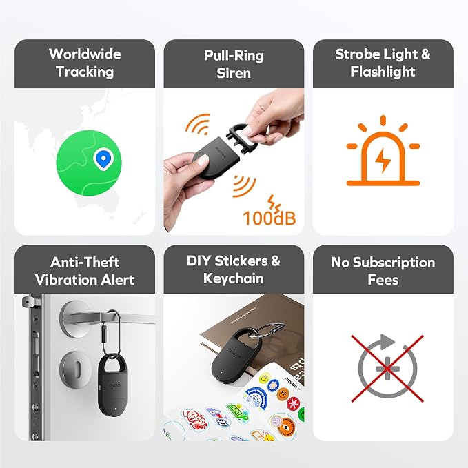 Momax Key Finder Tracker Tag – Smart Personal Alarm Rechargeable Tracking Device with SOS Alert & LED Strobe, Find My (iOS Only), Anti-Lost Tags with Keychain, Travel Gadget for Women, Girls, White - Image 4